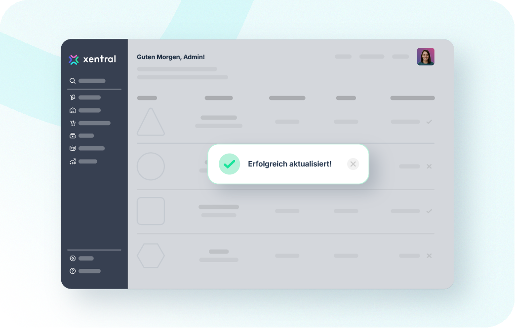 Benutzeroberfläche des Xentral ERP mit Navigation, Tabellenansicht und Erfolgsmeldung „Erfolgreich aktualisiert“